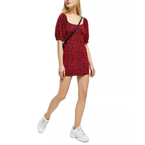 Free People red  & blue metallic Sunset puff sleeve cold shoulder mini dress L - Picture 2 of 16